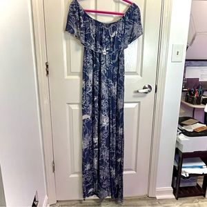 Dark country blue floral print ruffle off the shoulder maxi dress with pockets